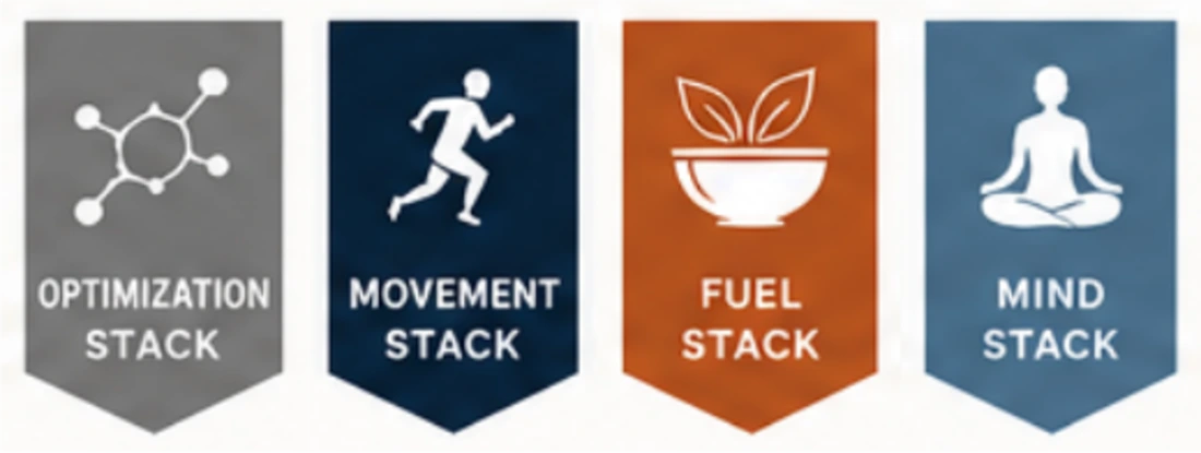 Four pillar pennants in order: Optimization Stack, Movement Stack, Fuel Stack, Mind Stack.